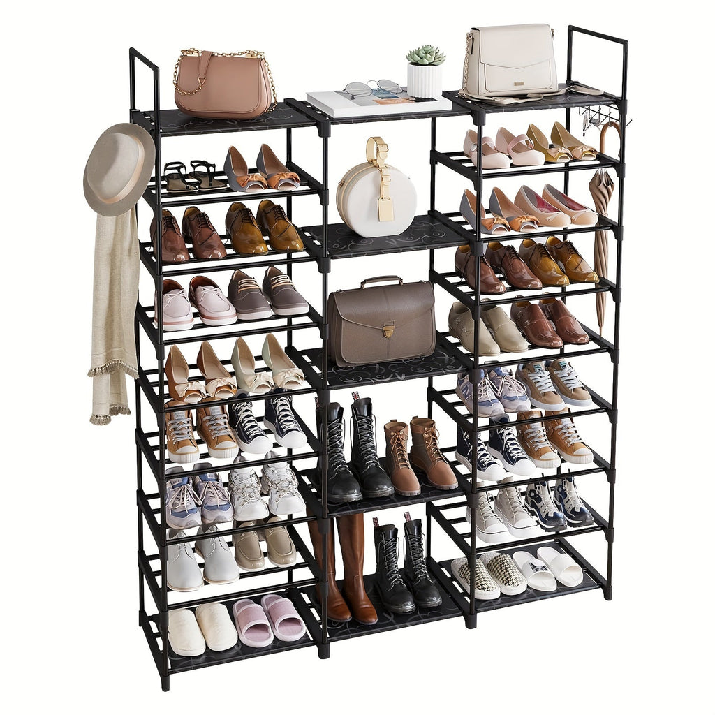 9-Tier Shoe Rack Organizer - 50-55 Pairs, Stackable Metal Shelf with Hooks - 129.5×26.9×155.4cm - Entryway, Bedroom & Closet Shoe Storage - Black