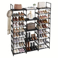9-Tier Shoe Rack Organizer - 50-55 Pairs, Stackable Metal Shelf with Hooks - 129.5×26.9×155.4cm - Entryway, Bedroom & Closet Shoe Storage - Black
