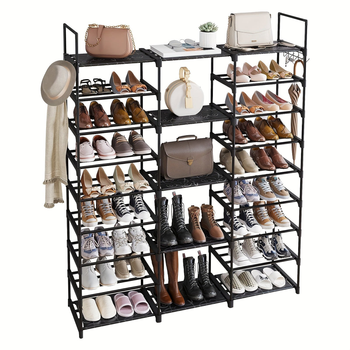 9-Tier Shoe Rack Organizer - 50-55 Pairs, Stackable Metal Shelf with Hooks - 129.5×26.9×155.4cm - Entryway, Bedroom & Closet Shoe Storage - Black