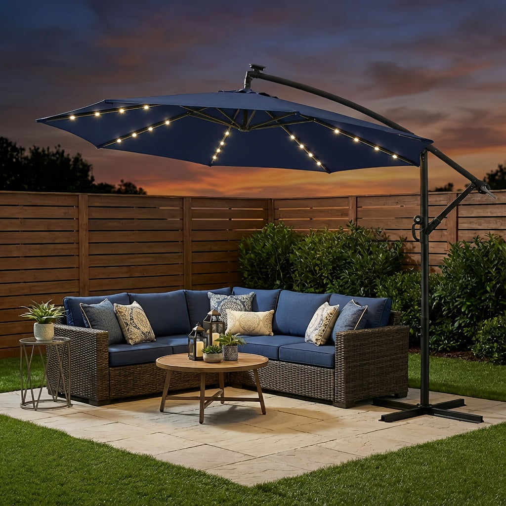 10ft Solar LED Offset Cantilever Patio Umbrella, UPF50+ UV Protection, Easy Tilt & Crank, Heavy-Duty Outdoor Market Umbrella, Sun Shade for Garden Deck Backyard Pool (Base Not Included)