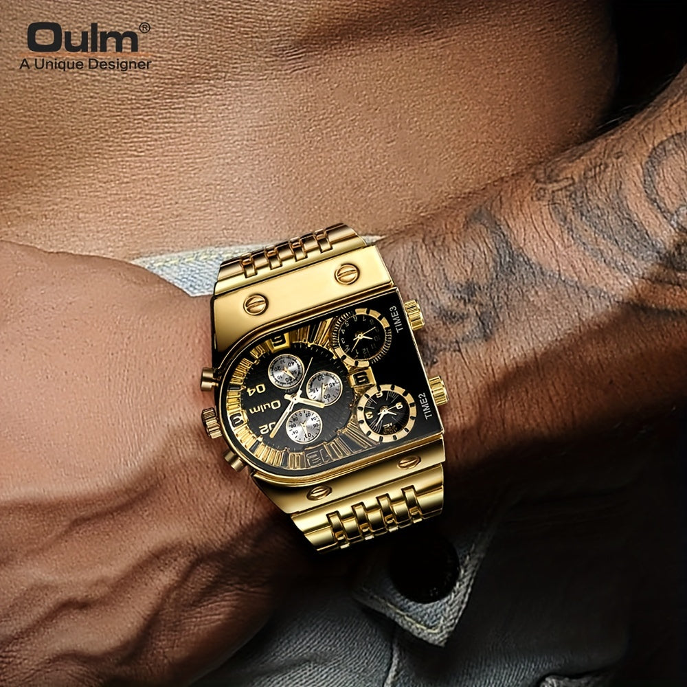 Oulm Men's Multi-Time Zone Large Dial Stainless Steel Business Quartz Watch, Dual Display, Black and Blue, Gift for Him