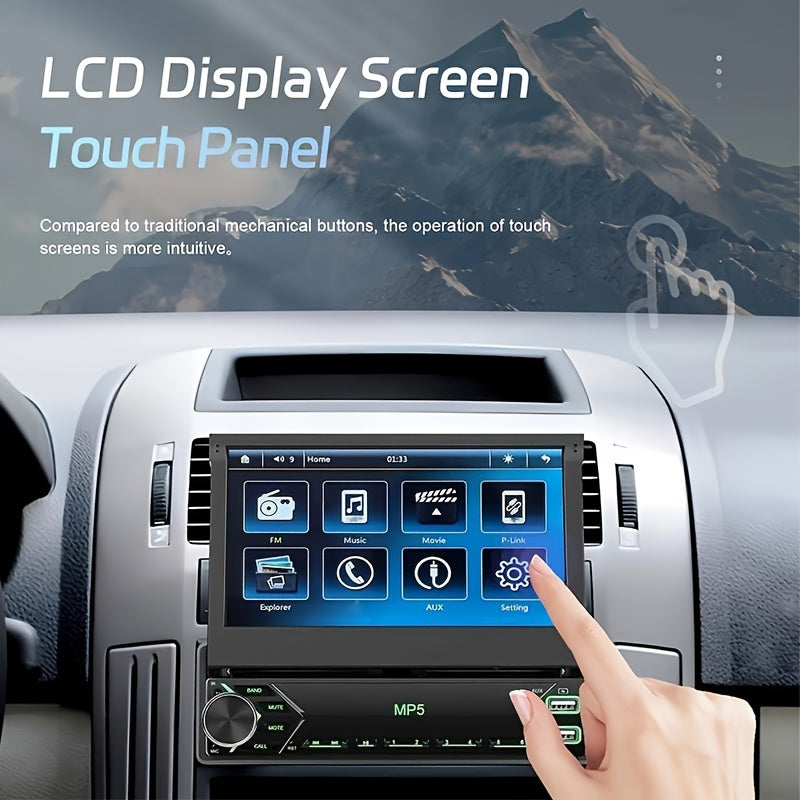 Single DIN Car Stereo 7-Inch HD Retractable Touchscreen – MP5 Player with Mirror Link, Bluetooth, FM Radio, USB, AUX, Colorful Backlight, 45W×4 Amplifier | Velora