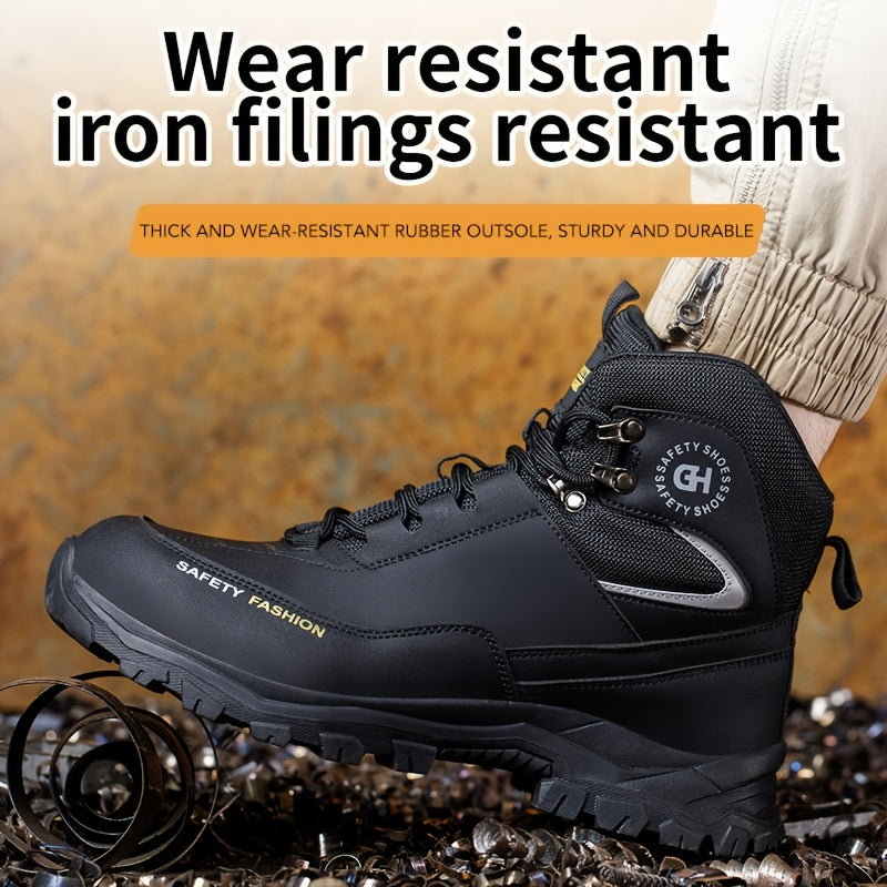 Men's Steel Toe Work Boots, Heavy Duty, All-Terrain Rubber Sole, Cushioned Insole, Arch Support, Four-Season Construction, Industrial, Farm, and Outdoor Boots, Black/Army Green, US Sizes 6-11