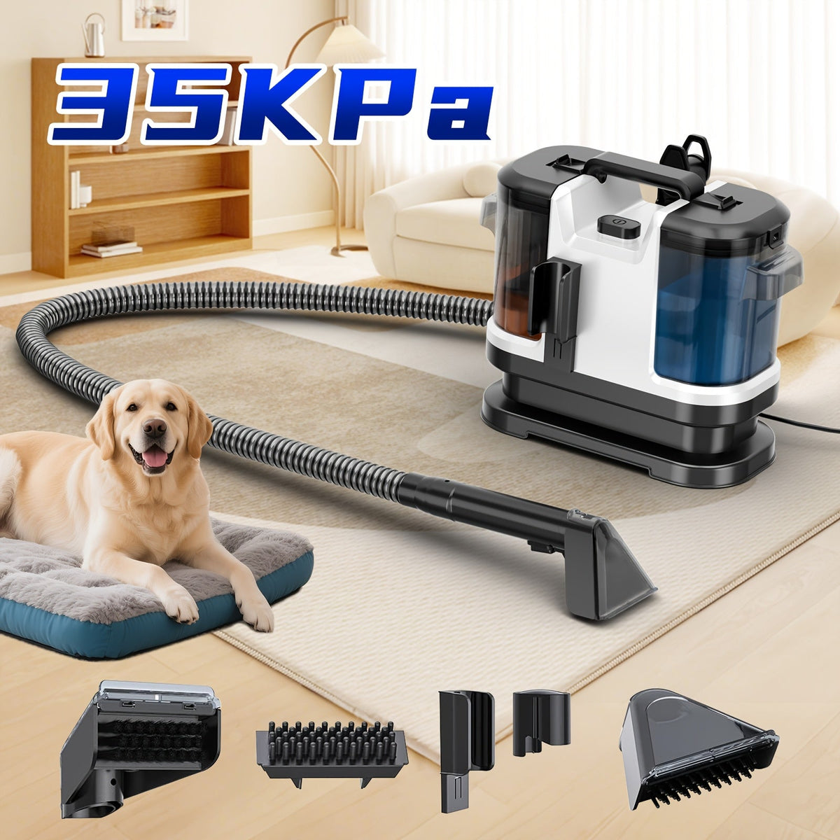 35 KPa Portable Carpet & Upholstery Spot Cleaner – Dual Size Brush Blow & Suction Integrated ABS Body 120V for Home Car & Furniture in White Blue & Yellow
