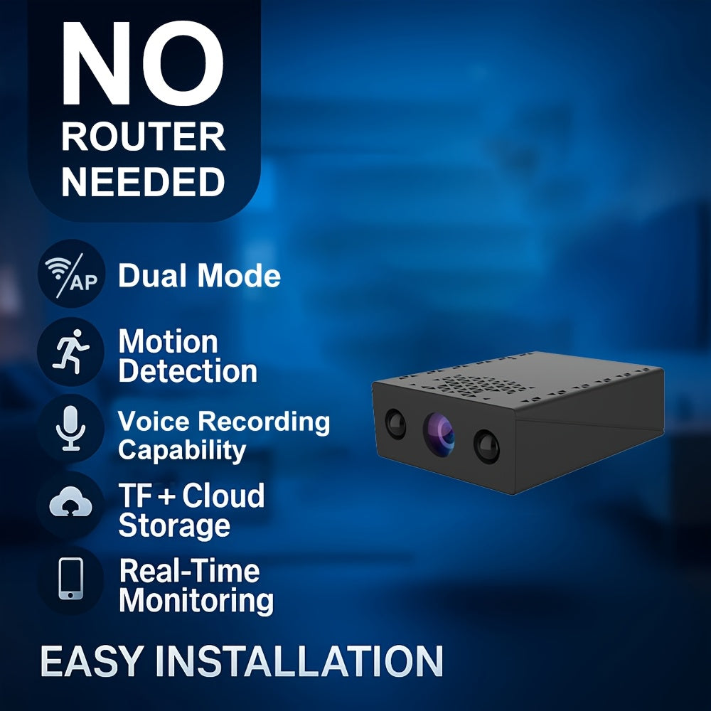 1080P Mini Wireless Security Camera – Night Vision, Motion Detection, Built-in AP Hotspot, No Internet Required, Voice Recording, Cloud Storage, Easy Installation for Home, Garage, Baby & Pet Monitoring