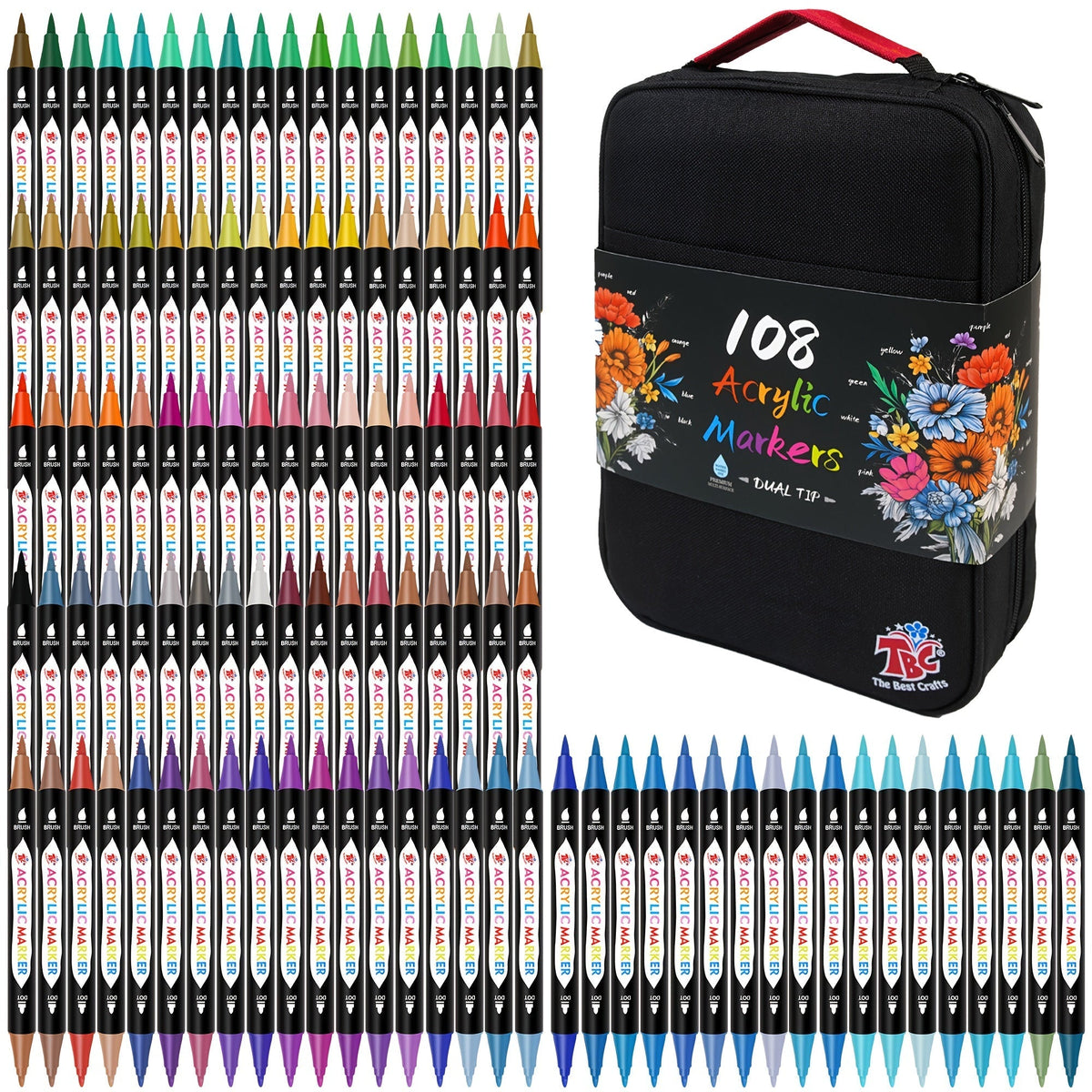 TBC Dual Tip Acrylic Paint Markers, 48/72/108 Colors with Canvas Bag, Non-Toxic and Odorless Professional Acrylic Paint Pens for Canvas, Paper, Wood, Glass, Stone, Pottery, Fabric, and DIY Art