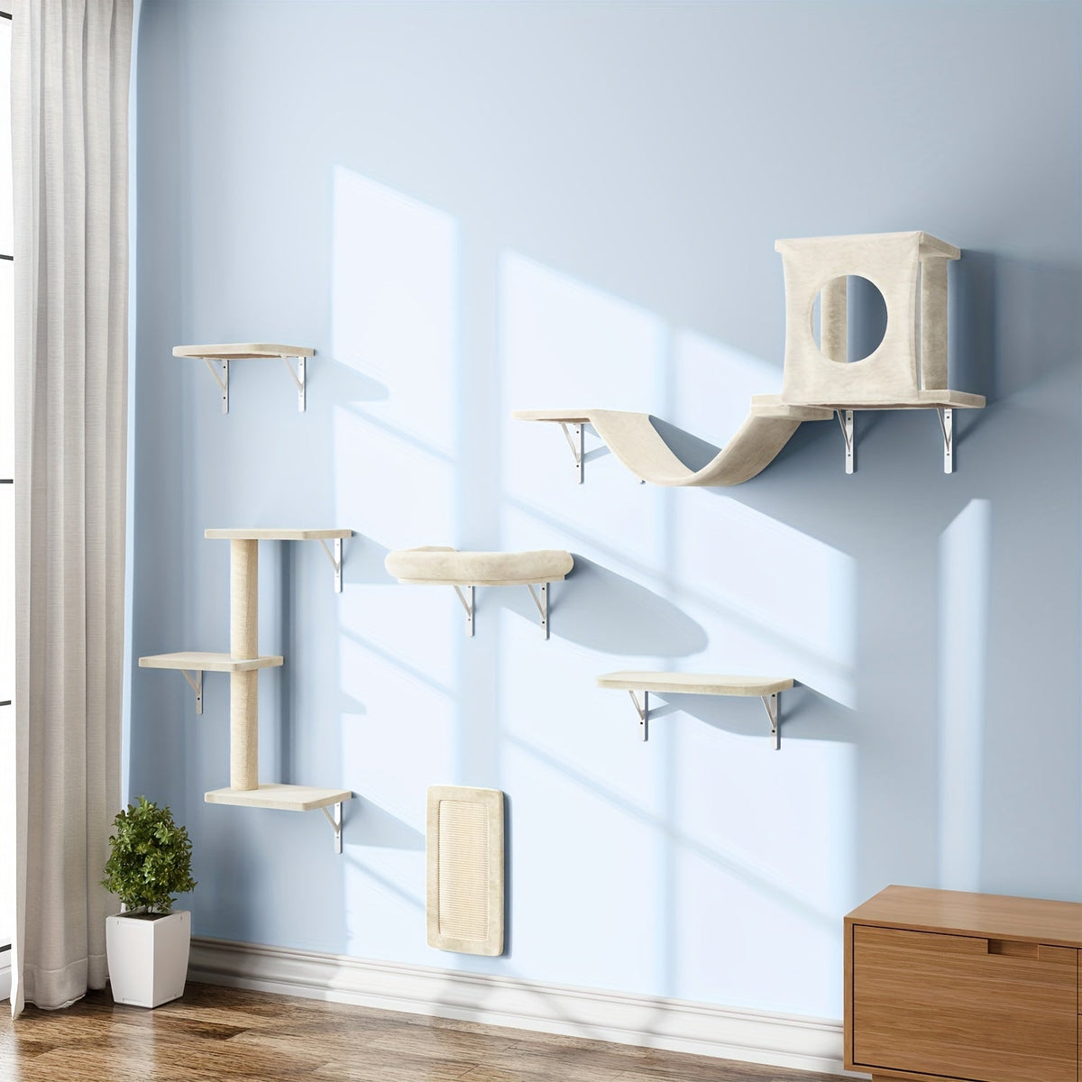 7-Piece Wall-Mounted Cat Climbing Shelf Set – Deluxe Indoor Cat Furniture with Cat Condo, Wall Shelves, Scratching Post, Bridge Ladder & Tunnel, Space-Saving Cat Wall Playground for All Cat Sizes