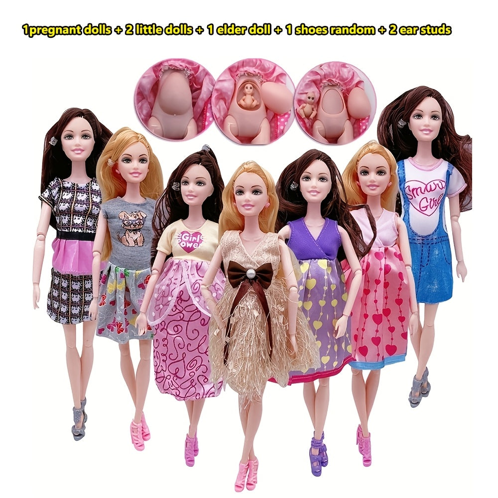 11.8 Inch Fashion Pregnant Doll with Movable Joints, Mom Doll with 2 Baby Dolls, Elder Doll, Ear Studs, Shoes, Modern Dress, Princess Doll, Educational Toy for Girls Ages 3+