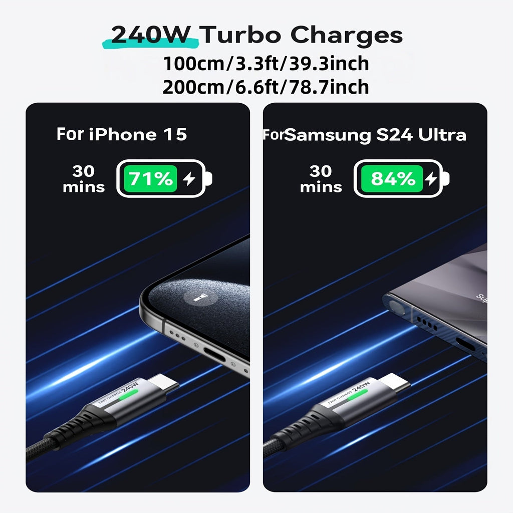 240W USB-C to USB-C Cable - Ultra-Fast Charging & High-Speed Data Transfer - Nylon Braided - 1m & 2m - For Samsung, iPhone 15/16, MacBook & iPad - 5 Colors