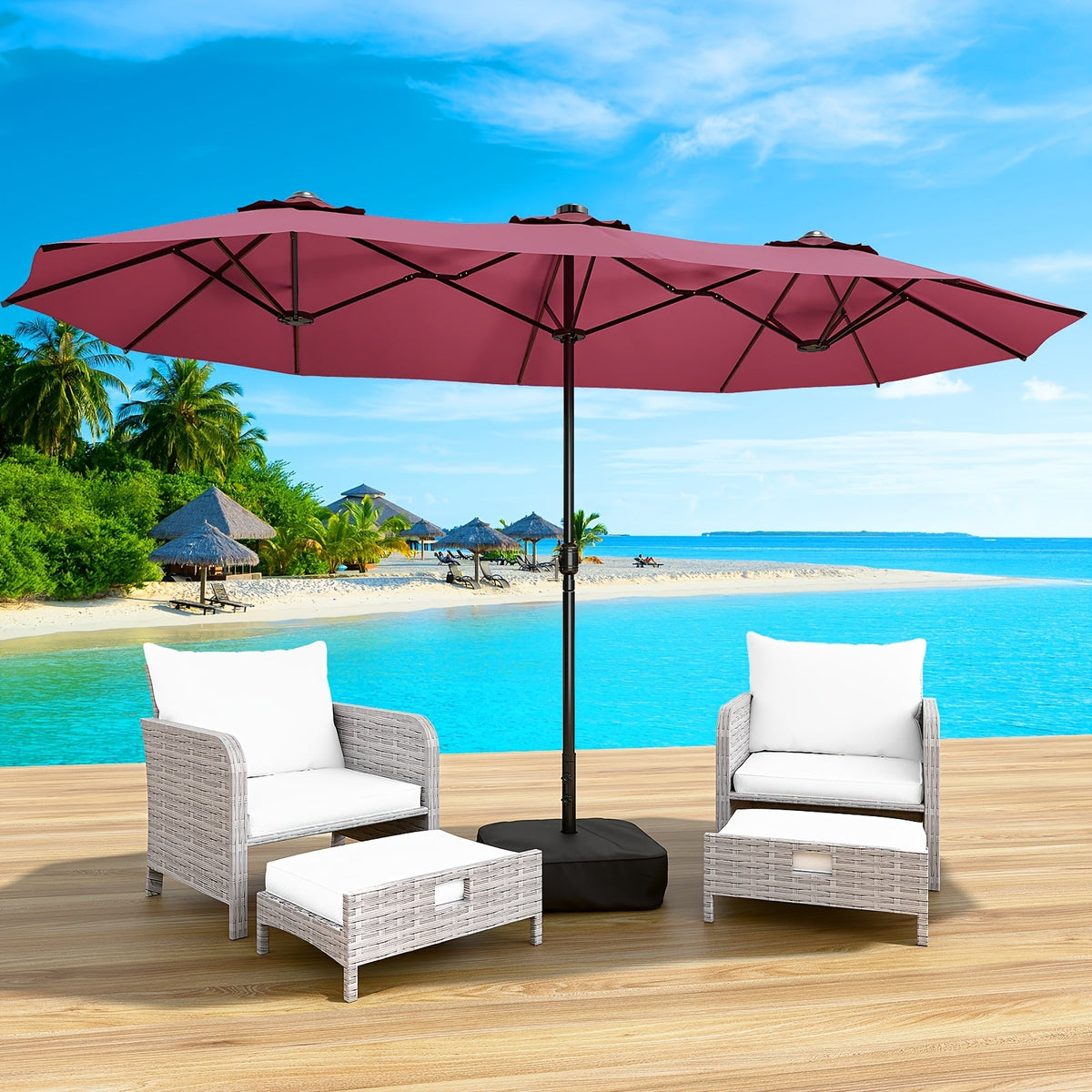LEVELEVE 15FT Double-Sided Patio Umbrella – 135 Sq Ft Shade, UPF 50+ Waterproof, 40+ MPH Wind Resistant, "5+2+5" Rib Structure, Crank Lift, Cross Base & Weight Bag Included, Blue Red Khaki Lake Blue – Nova Mart