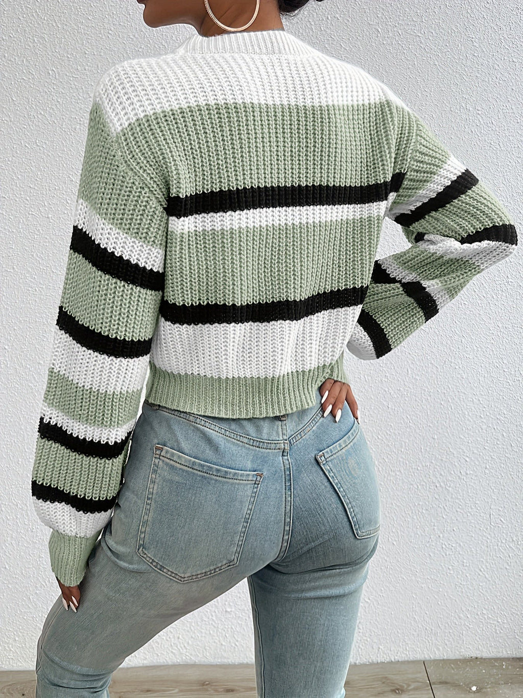 Striped Color Block Drop Shoulder Cropped Sweater Women's Fall Winter Loose Fit Knit Pullover Round Neck Long Sleeve Top S-XL