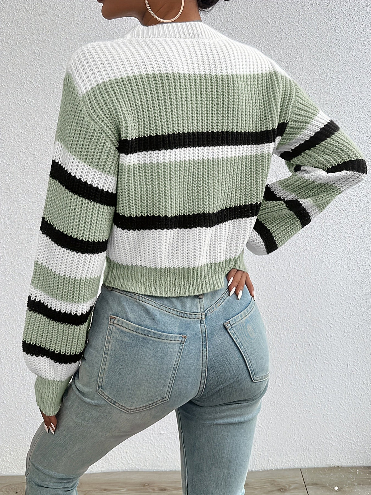 Striped Color Block Drop Shoulder Cropped Sweater Women's Fall Winter Loose Fit Knit Pullover Round Neck Long Sleeve Top S-XL