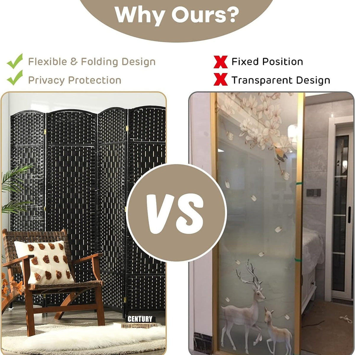 6-Panel 6ft Tall Folding Room Divider Hand-Woven Paper Fiber & Poplar Frame Freestanding Privacy Screen for Bedroom Living Room Office & Porch – No Assembly, Air Circulation, Black/Brown