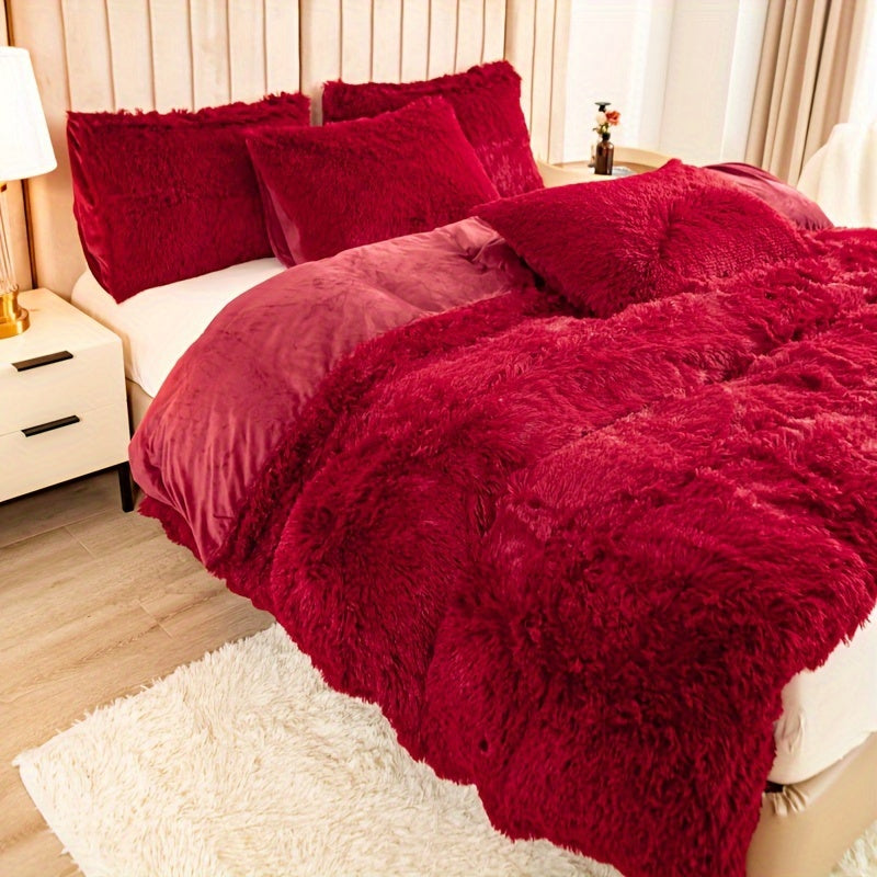 Plush Duvet Cover Set 3 Piece, Long Hair Knitted Polyester, Solid Color Fuzzy Comforter Cover with Zipper Closure, All-Season Soft Cozy Bedding Set for Bedroom, Multiple Colors Available