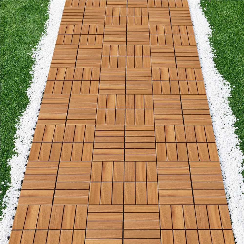 Acacia Wood Interlocking Deck Tiles, Slat Design, Water-Resistant & Non-Slip – Easy Snap DIY Flooring for Patio, Deck, Garden, Balcony & Poolside, 10 or 27 Pack, Natural Wood or Black – Nova Mart