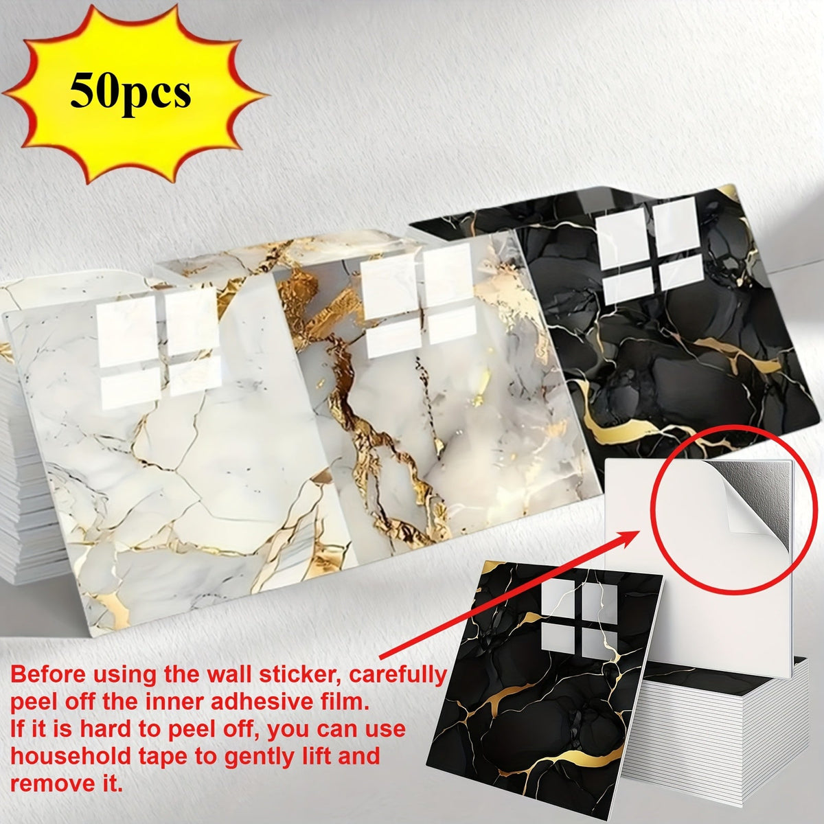 50-Piece Self-Adhesive Vinyl Wall Tiles - Marble Peel & Stick Waterproof PVC Panels, Removable - TV Backdrop, Bathroom, Kitchen & Living Room - Black Gold, White Gold & Gray Gold