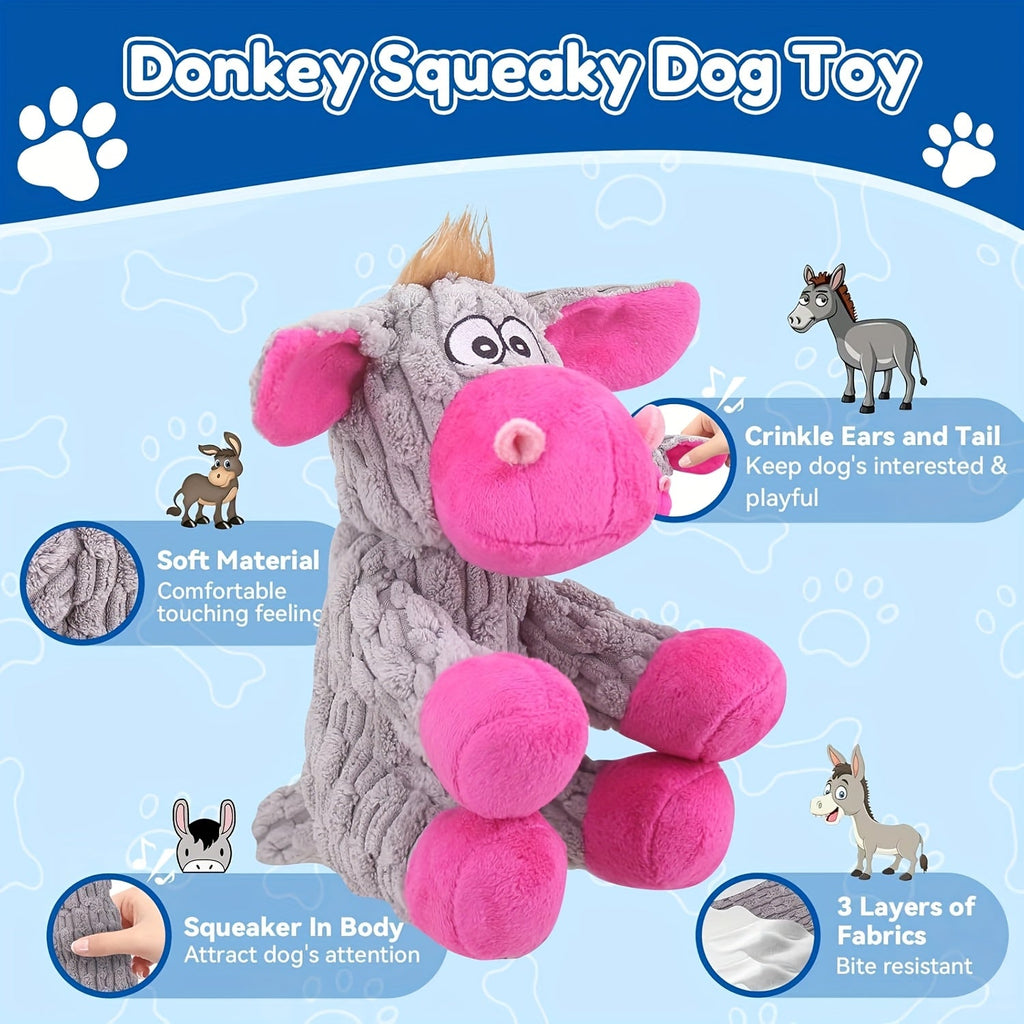 粉色驴子发声毛绒狗玩具——适合中小型犬的可爱搞怪填充咀嚼玩具，幼犬柔软互动咬咬公仔，爱犬人士及宠物玩耍的趣味礼物