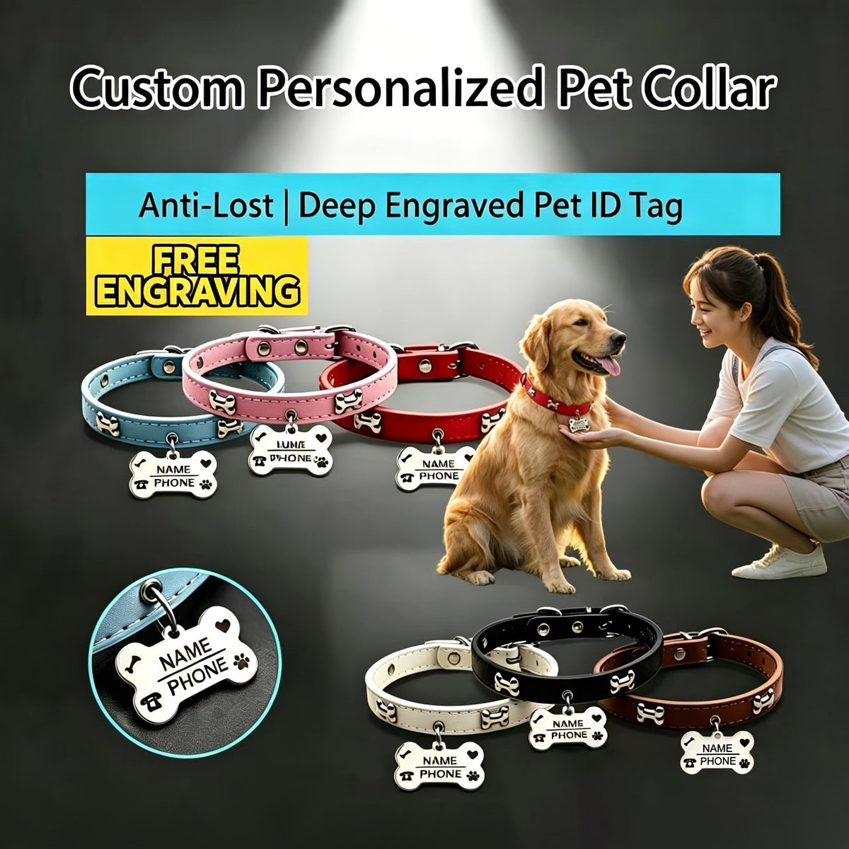 Custom Engraved Dog Collar with Free Personalized ID Tag, Adjustable Anti-Lost Pet Collar for Small to Medium Dogs and Cats, Durable Premium Material
