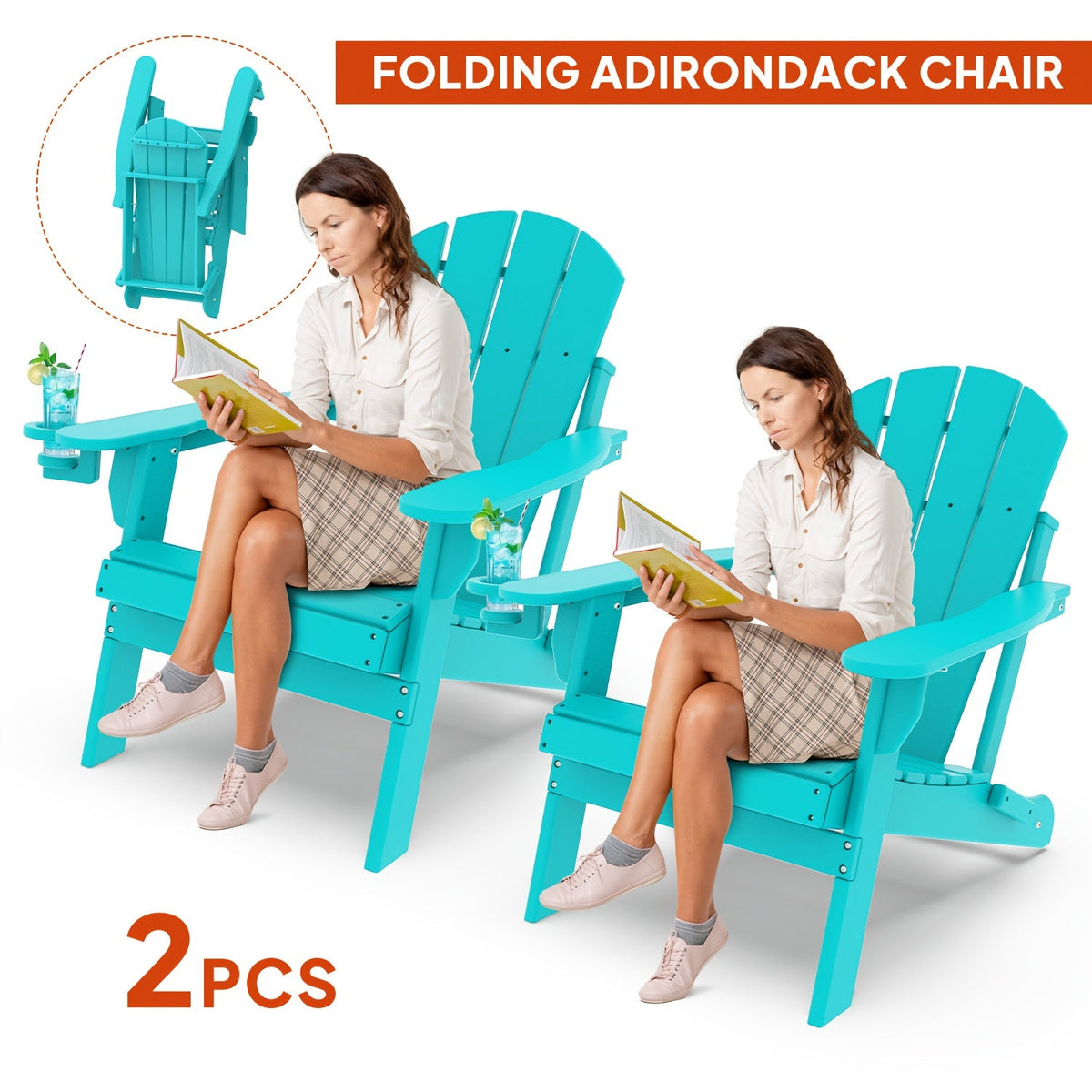 Folding Adirondack Chair with Cup Holder Portable Recliner Stainless Steel Frame Durable Plastic Easy Clean for Patio Poolside Garden Camping Set of 1 2 4 6