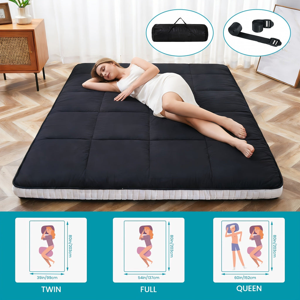 Japanese-Style Foldable Floor Mattress – Portable Roll-Up Guest Bedding for RV Travel Camping & Everyday Floor Lounging in Twin Full & Queen in Black & Grey