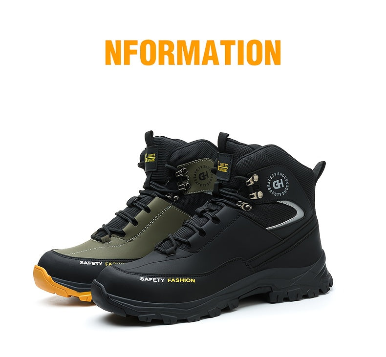 Men's Steel Toe Work Boots, Heavy Duty, All-Terrain Rubber Sole, Cushioned Insole, Arch Support, Four-Season Construction, Industrial, Farm, and Outdoor Boots, Black/Army Green, US Sizes 6-11