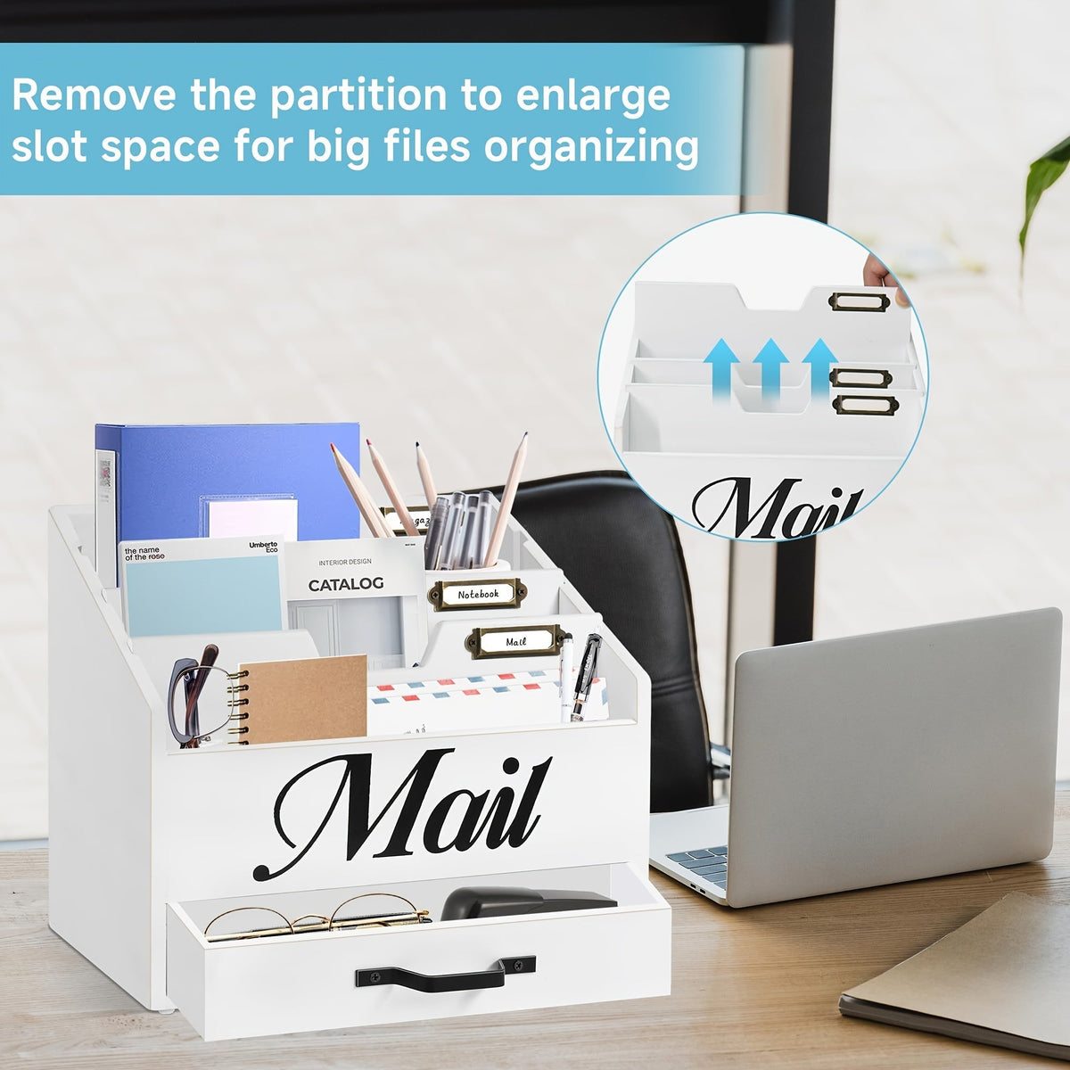 Large Solid Wood Desktop Mail Organizer with Drawer and 4 Compartments, Labelable Dividers for Files, Letters, and Paper Folders, Desk Organizer for Home Office, Students, and Professionals