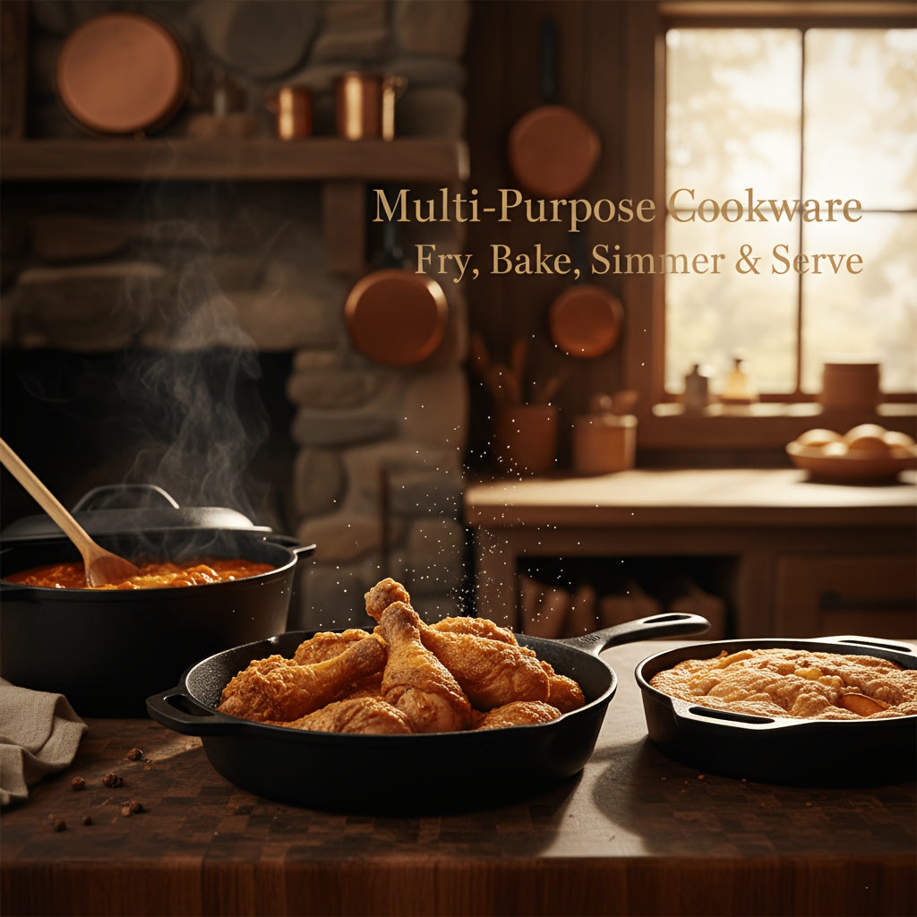 Cast Iron Cookware 6-Piece Non-Stick Set: Skillet, Dutch Oven, and Grill Pan Kit for Induction, Gas, Campfire, BBQ, Outdoor Cooking, and Kitchen