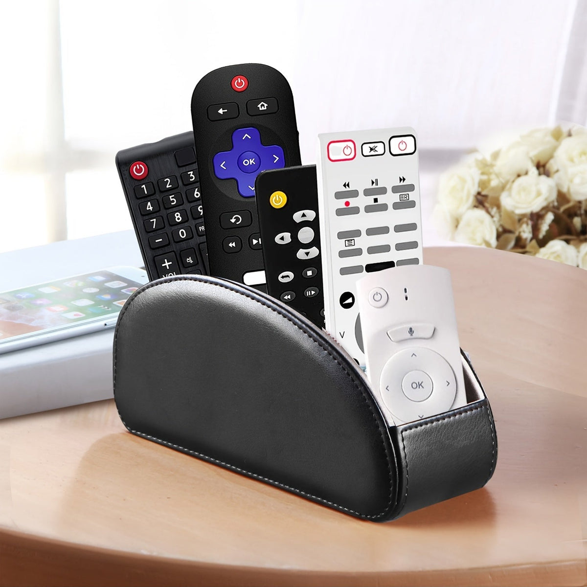 Remote Control Holder with 5 Compartments Desktop Organizer Caddy – Bedside Storage Box for TV Remotes, Pens, Eyeglasses, Office Stationery, and Home Appliance Controllers