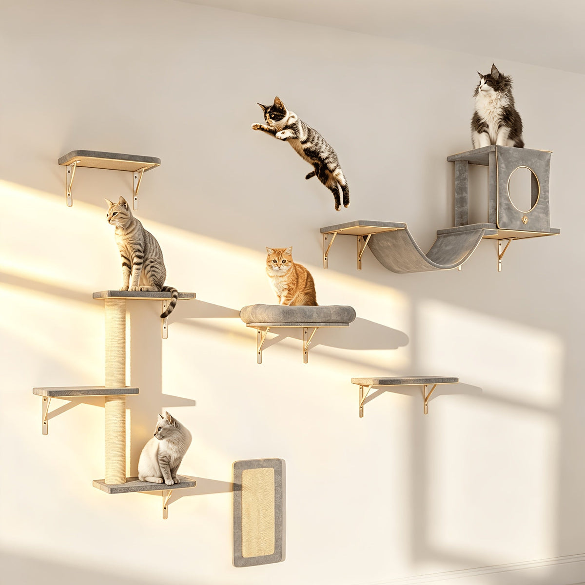 7-Piece Wall-Mounted Cat Climbing Shelf Set – Deluxe Indoor Cat Furniture with Cat Condo, Wall Shelves, Scratching Post, Bridge Ladder & Tunnel, Space-Saving Cat Wall Playground for All Cat Sizes