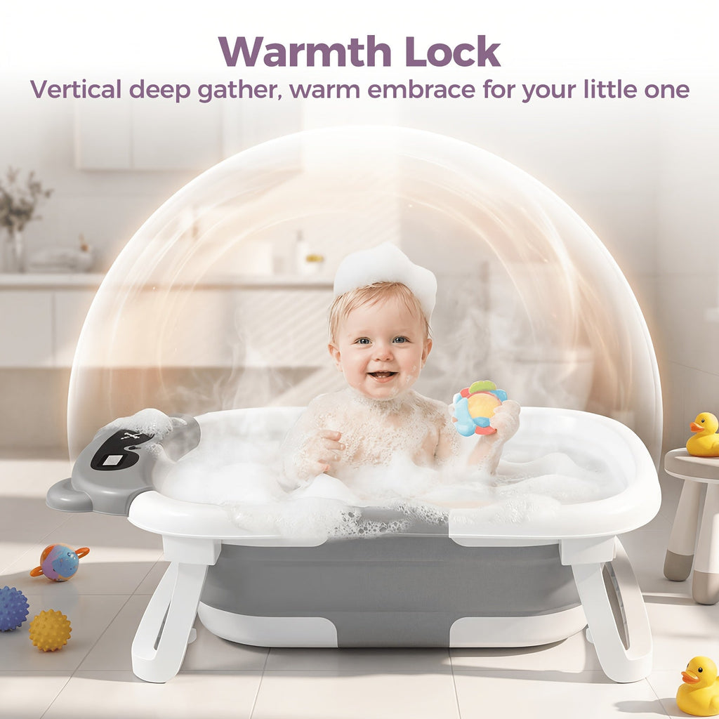 Foldable Baby Bathtub with Soft Cushion & Built-In Thermometer, Non-Slip Portable Travel Baby Bath Tub with Soft Flotation Cushion, Safe & Durable for Newborns to Toddlers, Gray