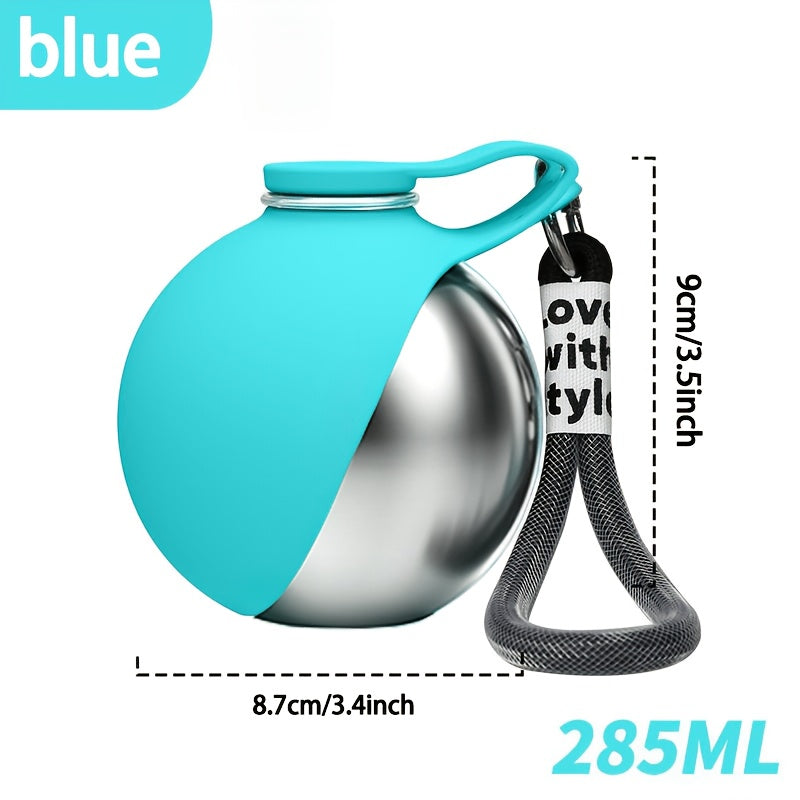 Stainless Steel Pet Travel Water Bottle – 9.6oz Leak-Proof Dog & Cat Drinking Bottle with Foldable Bowl for Outdoor Hiking, Walking, and Camping, 304 Steel, Blue & Pink
