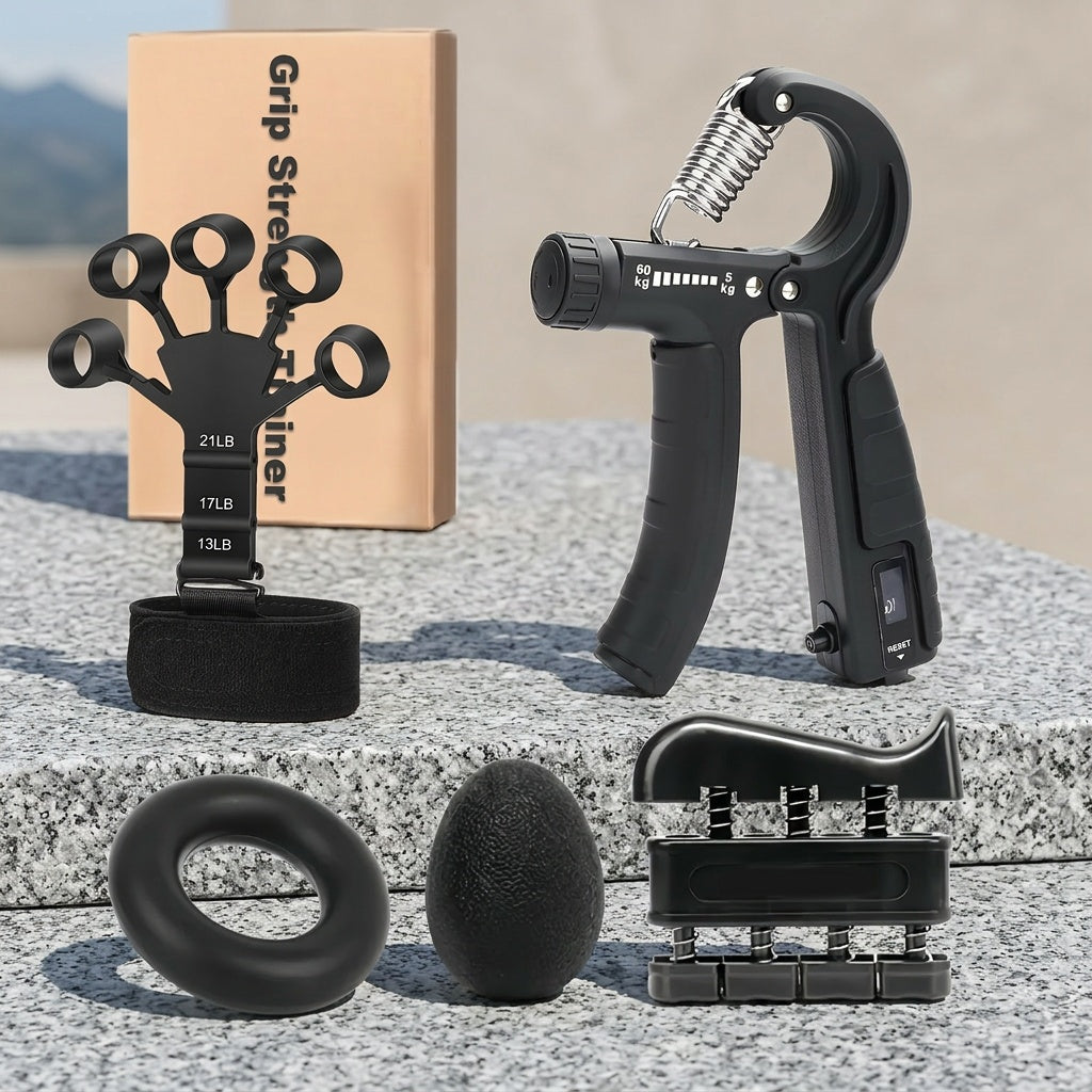 4-Piece Grip Strength Training Set: Adjustable Hand Grip Strengthener (10-130 lbs), Finger Exerciser, Forearm Workout Ring, and Exercise Ball for Athletes, Climbers, Musicians, Men, and Women