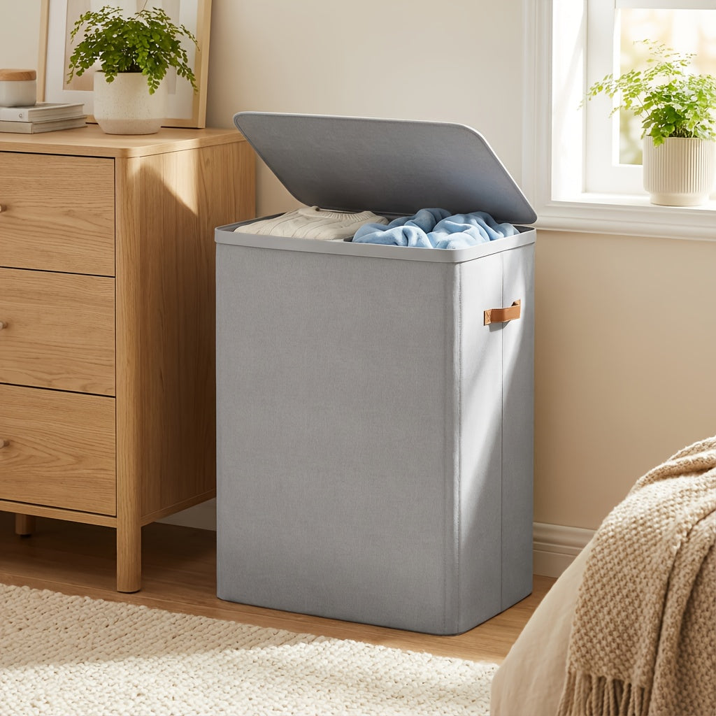 44.9 Gal Large Capacity Laundry Hamper with Lid & Handles Dual Removable Compartment Bags Fiberglass Rod Frame Easy Assembly – Dove Gray Ink Black Beige