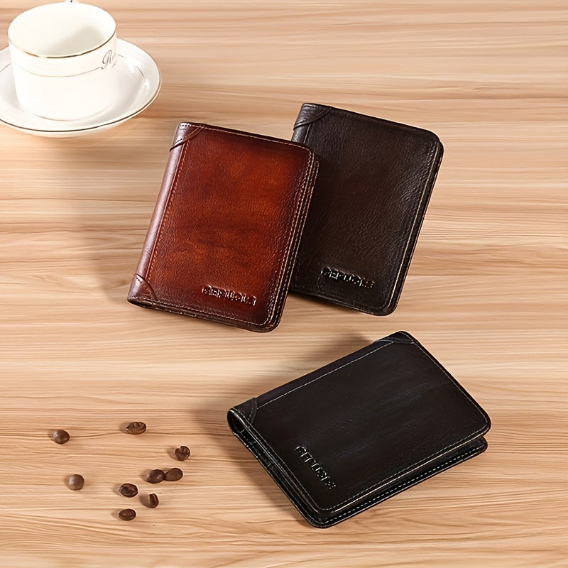 Genuine Leather Slim Wallet - RFID Blocking Trifold & Bifold Styles - Top-Grain Cowhide, Large Capacity Card Holder - Unisex for Work & Business - Black, Yellow Brown, Coffee & Grey Blue