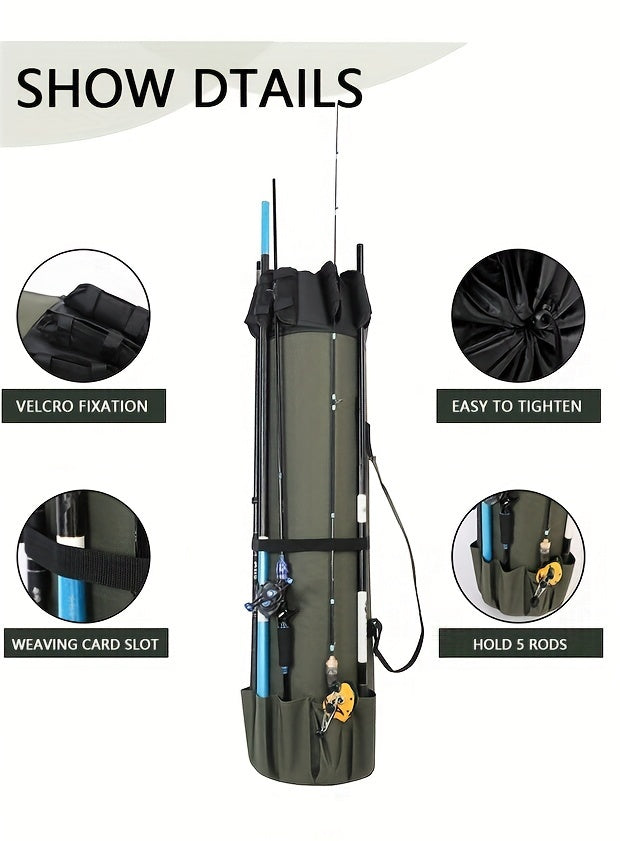 Large Capacity Folding Durable Fishing Rod Bag, Multifunctional Gear Carrier Case with Two Lead Weights, Fits Multiple Rods, Tackle Organizer for Freshwater and Saltwater Fishing