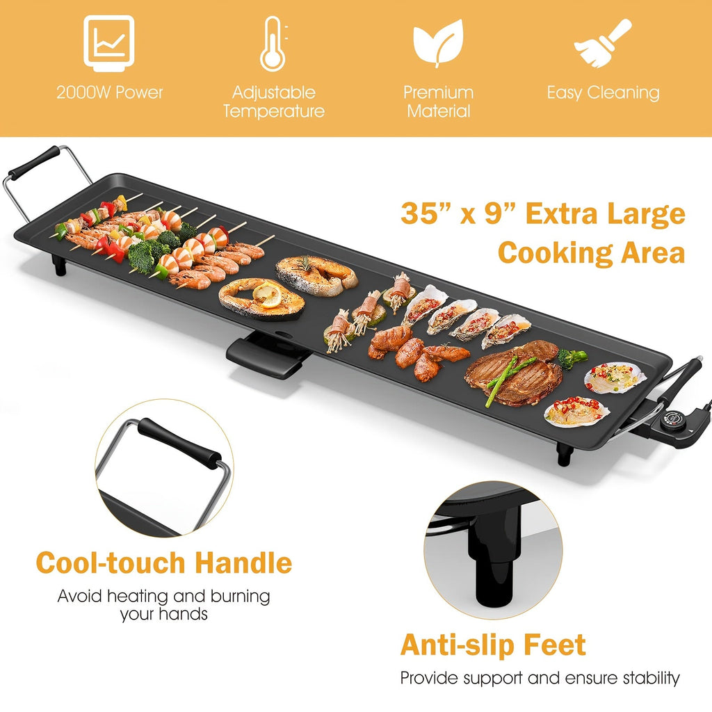 35-Inch Nonstick Electric Grill & Iron Plate BBQ Rack – Adjustable Temperature Drip Tray Long Countertop Grill for Indoor & Outdoor Pancake Baking with Luxury Gift Package