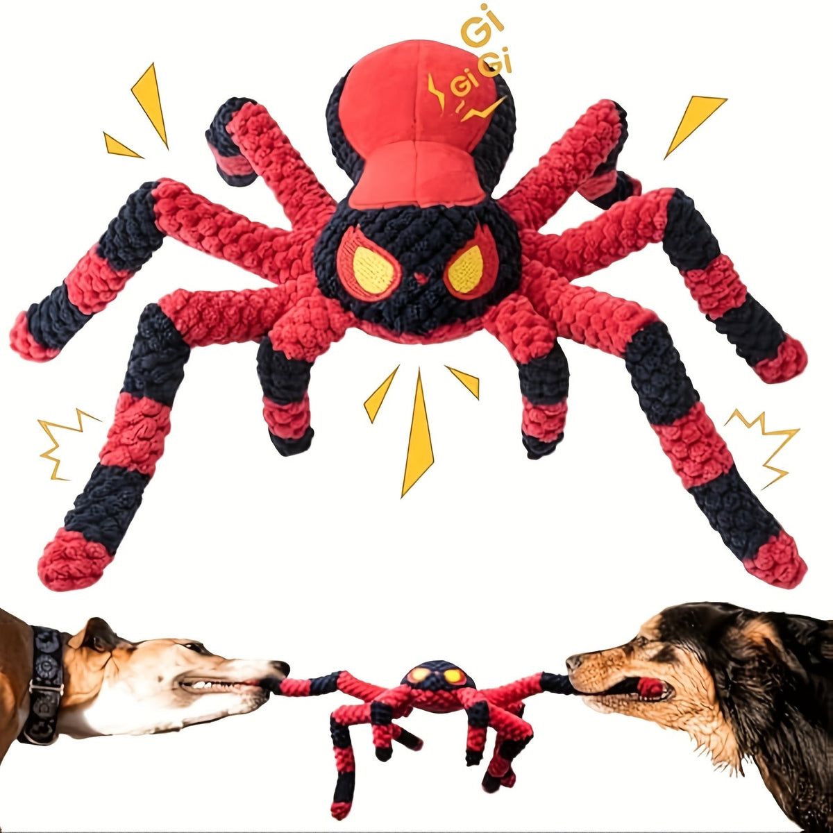 大型犬发声蜘蛛狗玩具——带发声头和响纸腿的互动式拉扯毛绒幼犬玩具，让狗狗玩上几个小时，无需电池，蓝红蜘蛛款