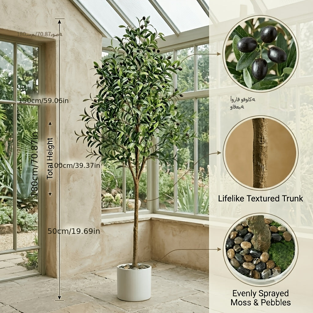 6FT Artificial Olive Tree Indoor – Faux Olive Tree with Natural Wood Trunk Realistic Leaves Lifelike Fruits & Cobblestone Base for Home Living Room & Office Decor