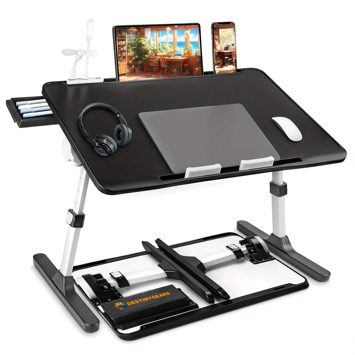 Lap Desk Bed Tray Table with USB Light, Fan & Drawer – Adjustable Portable Laptop Stand for Bed, Couch, Sofa; Laptop Desk for Reading, Writing, Eating – 10 Colors & Sizes