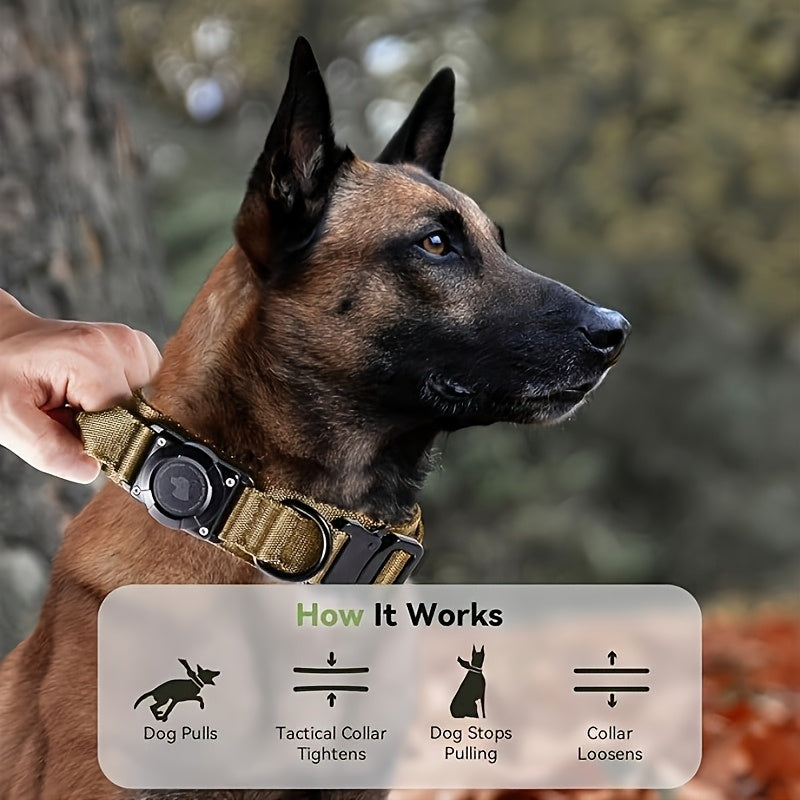 Tactical Dog Collar with AirTag Holder & Handle – Heavy-Duty PC Nylon, Adjustable M/L/XL for Medium to Large Dogs, Military-Style Training Collar with Control Handle