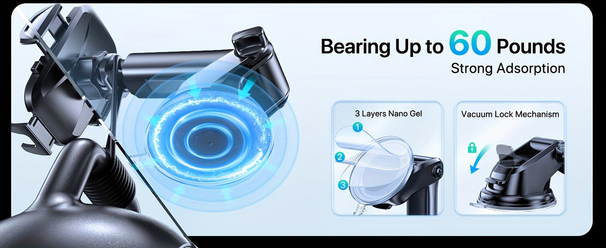 3-in-1 Car Phone Holder: Suction Cup & Air Vent Mount | 360° Rotation, 6.5"-8.5" Telescopic Arm, 60lb Nano-Gel Suction, Scratch-Proof – Universal Fit for iPhone, Samsung, Google & All 4"-7.2" Phones