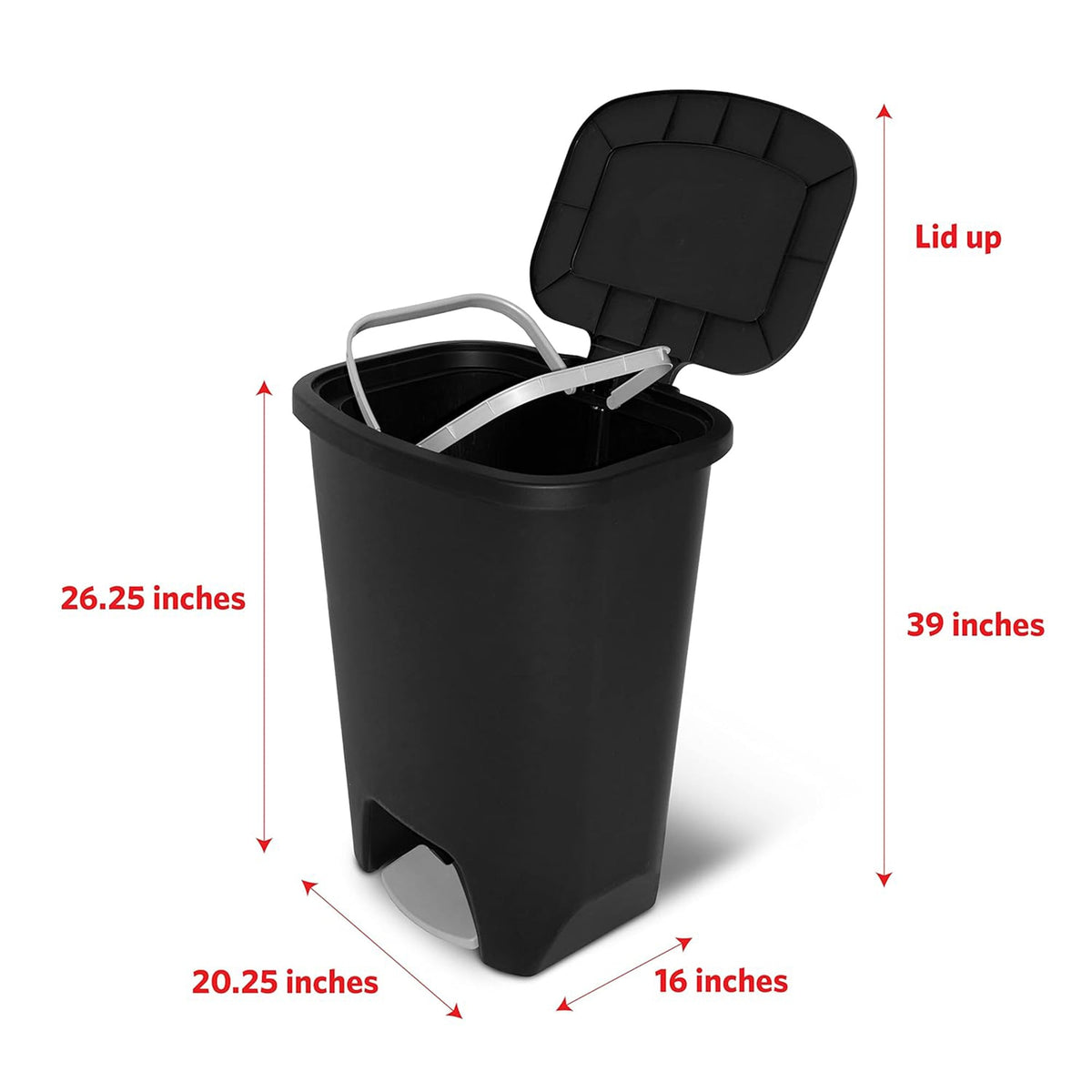20 Gallon Kitchen Trash Can – Odor Protection Lid Step-On Foot Pedal Bag Rings Slim Profile 20.25"x16"x26.25" for Kitchen Office & Home in Black