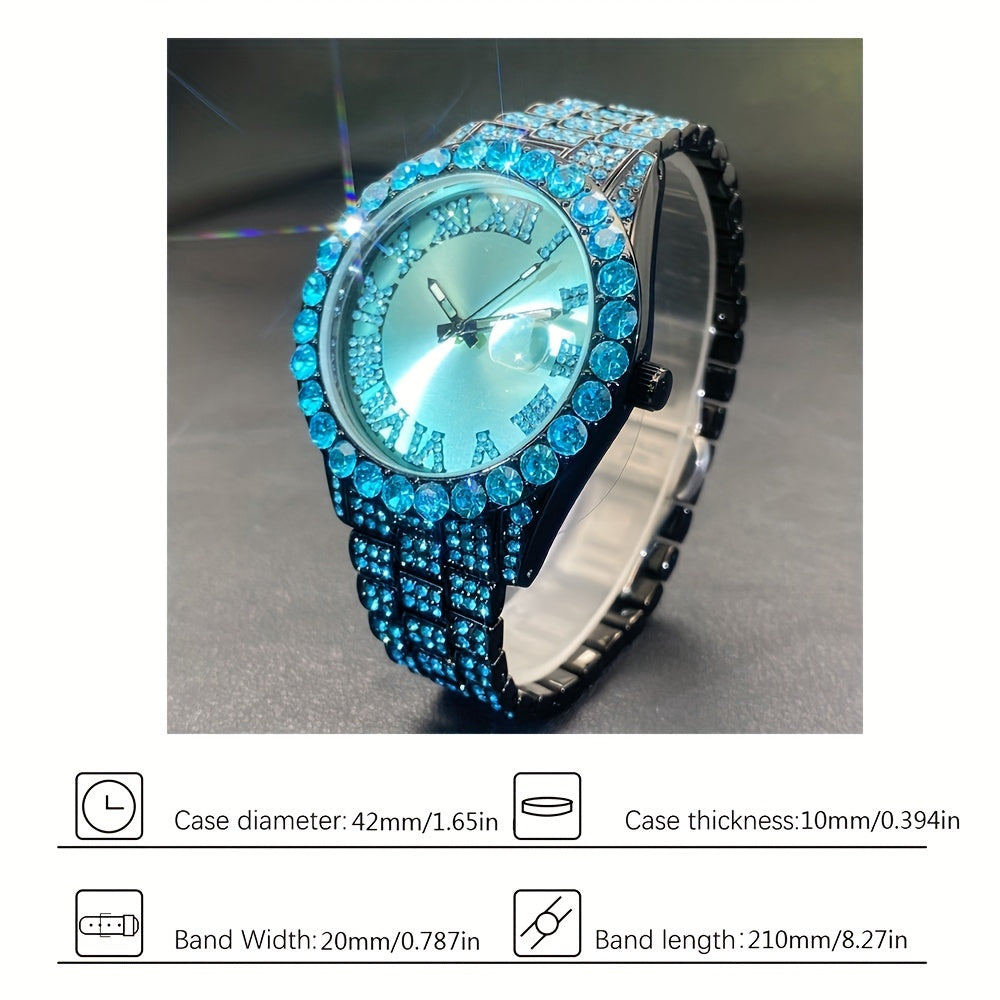 Rhinestone Couple's Watch Set, Luxury Quartz Movement with Calendar and Luminous Display, Red and Ice Blue Rhinestone Fashion Party Gift Watches for Men and Women
