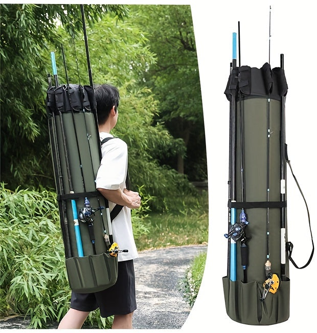 Large Capacity Folding Durable Fishing Rod Bag, Multifunctional Gear Carrier Case with Two Lead Weights, Fits Multiple Rods, Tackle Organizer for Freshwater and Saltwater Fishing