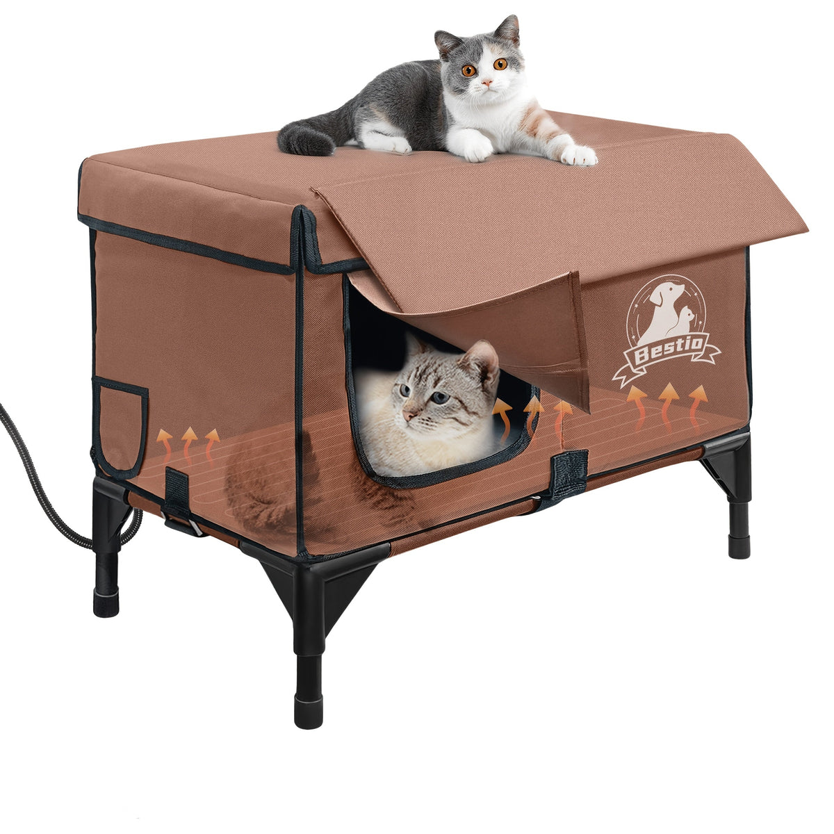 3-in-1 Heated Cat House with Removable Warming Pad & Elevated Bed – Chew-Resistant Cord, Double Door, All-Season Indoor/Outdoor Cat Shelter Cave Condo for Cats, Kittens & Small Dogs