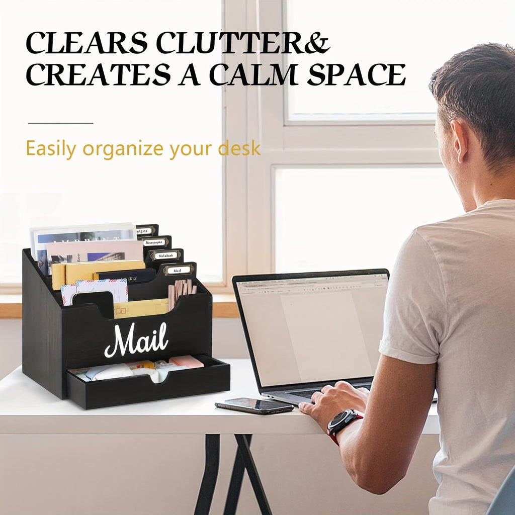 Large Solid Wood Desktop Mail Organizer with Drawer and 4 Compartments, Labelable Dividers for Files, Letters, and Paper Folders, Desk Organizer for Home Office, Students, and Professionals