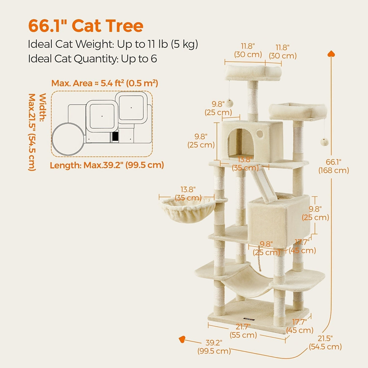 Multi-Level Cat Tree Tower 44-66 Inch with Hammock, Sisal Scratching Posts, Cozy Cave, Perches, and Anti-Tilt Stable Base for Multi-Cat Families, Kittens, and Cats