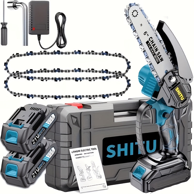 Mini Cordless Chainsaw, Portable Handheld Electric Tree Cutter with Splash Guard and Safety Lock, Rechargeable for Garden and Yard