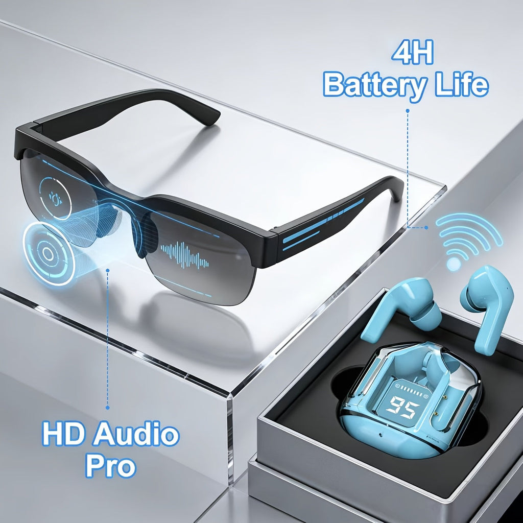 AI Translation Smart Glasses with Wireless Headphones, Real-Time Multi-Language Translator, Built-in Microphone, Music Audio Glasses, Rechargeable Sports Wearable Tech for Travel and Business