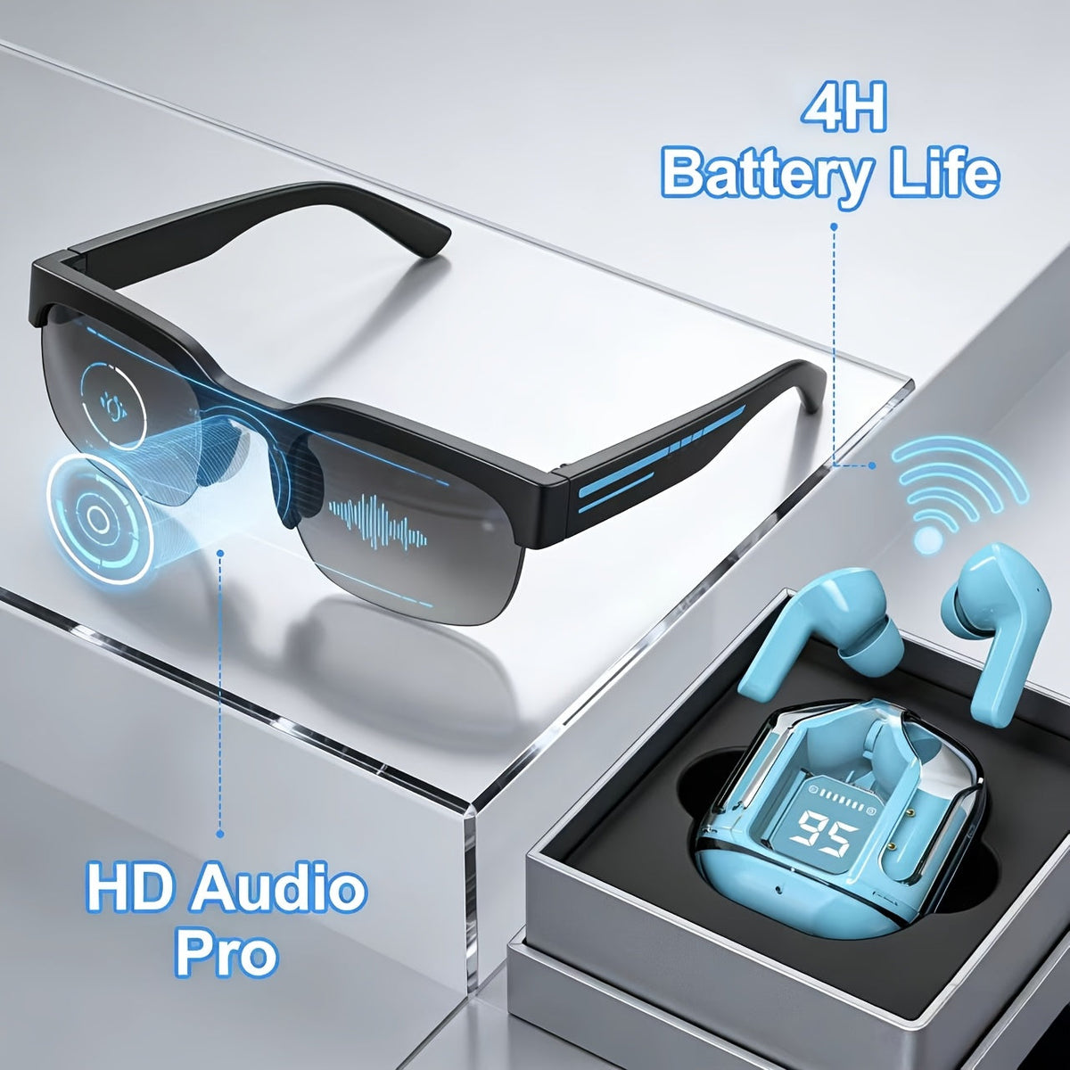 AI Translation Smart Glasses with Wireless Headphones, Real-Time Multi-Language Translator, Built-in Microphone, Music Audio Glasses, Rechargeable Sports Wearable Tech for Travel and Business
